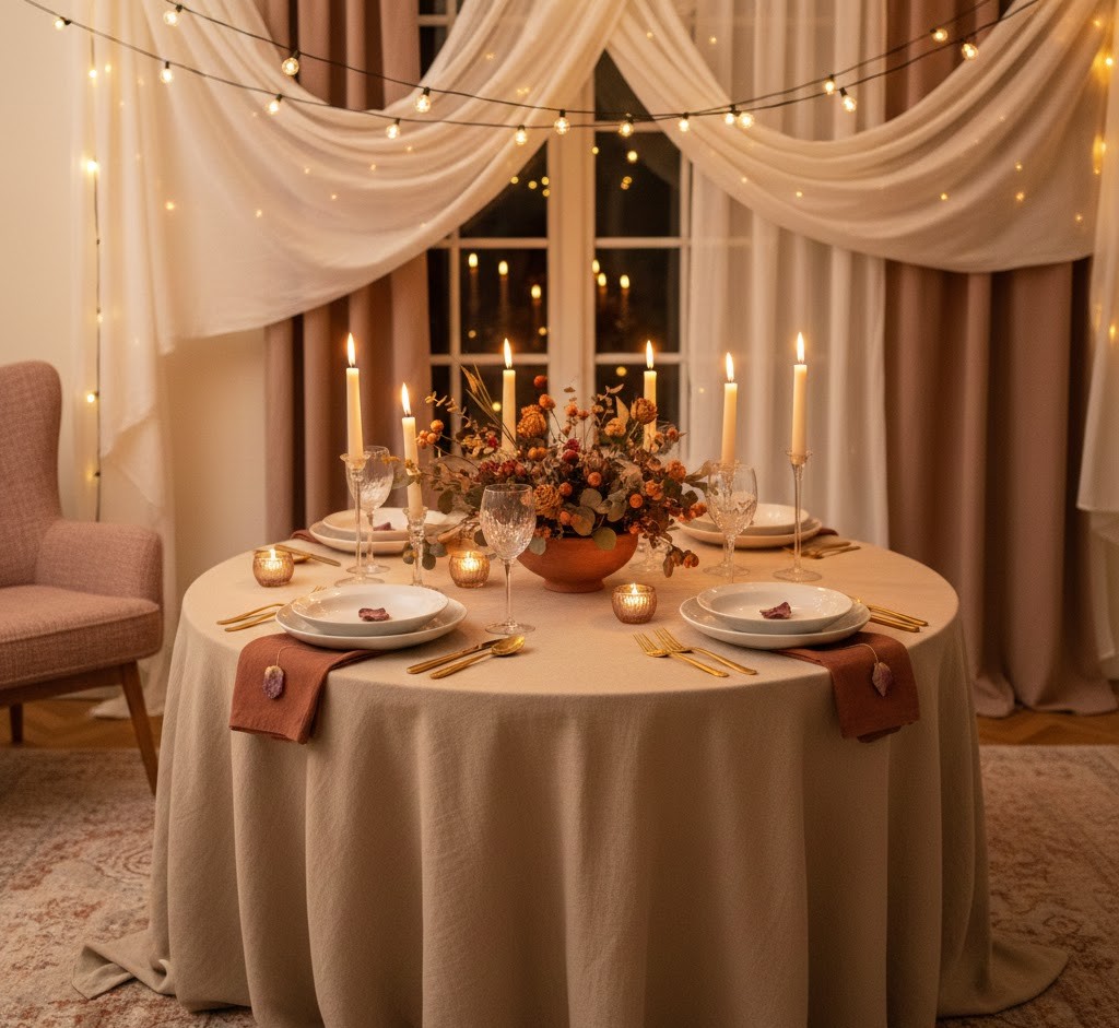 Elegant dining table setting with candlelight