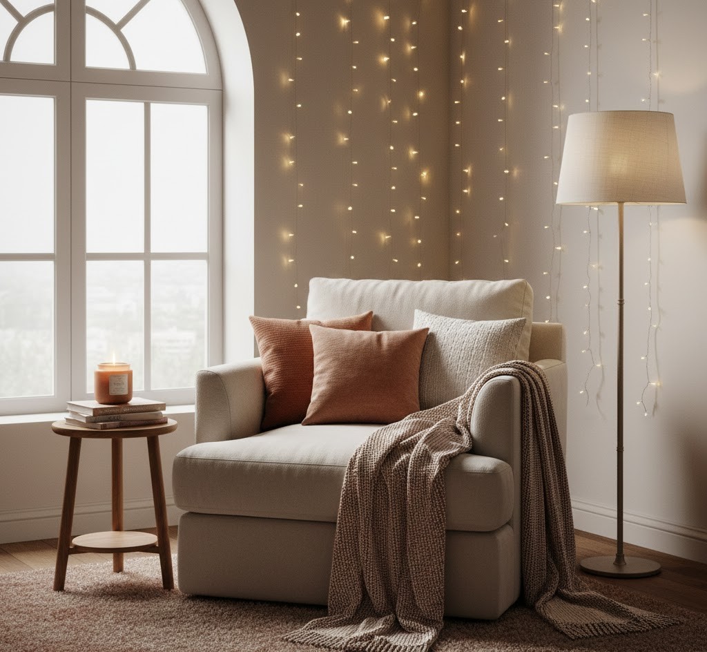Cozy living room corner with fairy lights
